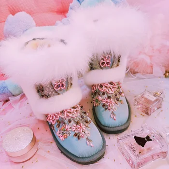 

Womens Real Fox Fur Embroidery Floral Beads Rhinestones Snow Ankle Boots Shoes DIY Sweet Lolita Thick Warm Winter New 2020