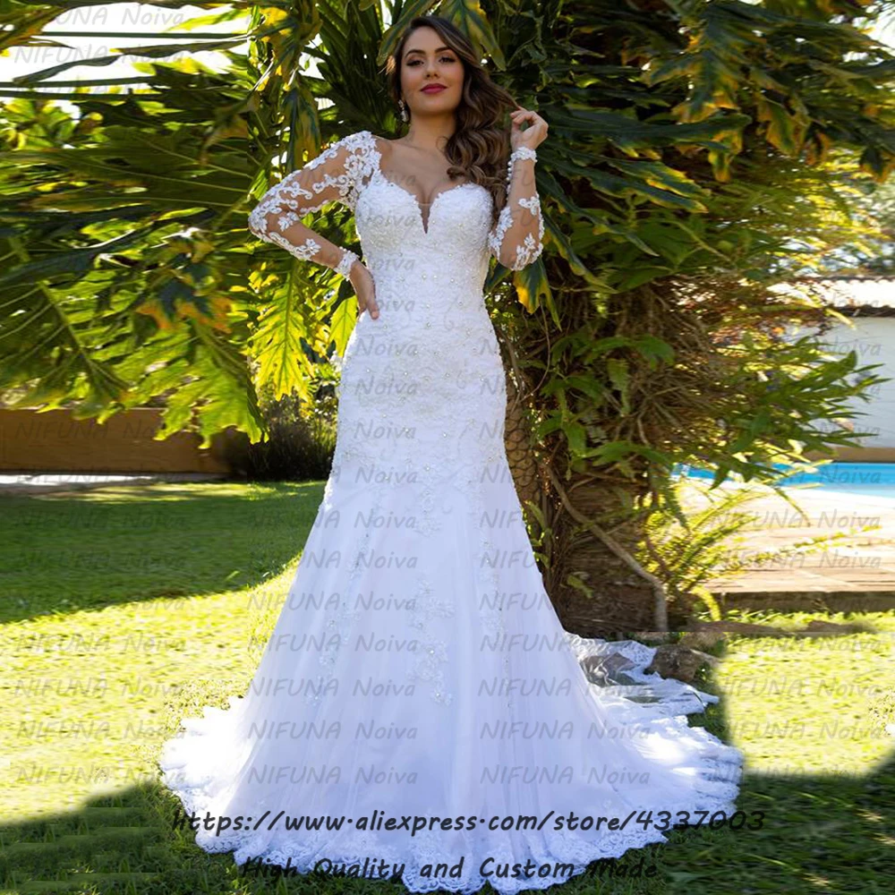 Vestido de noiva,, свадебные платья, abiti da sposa, роскошные кружевные, с бисером, с кристаллами, с длинным рукавом, свадебные платья русалки, Robe Mariage