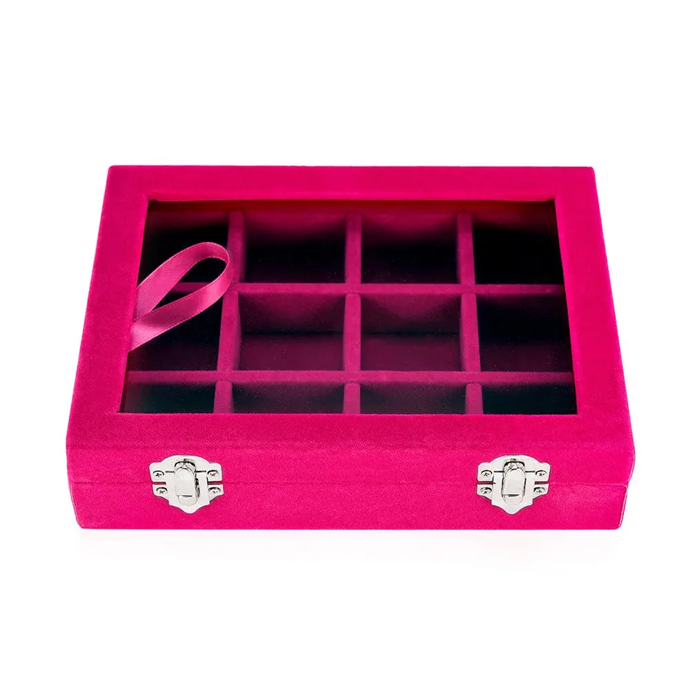 rose red Прозрачная стеклянная крышка 12 сетка шкатулка для украшений выставочная Витрина коробка для хранения серьги кольца Органайзер - Цвет: rose red