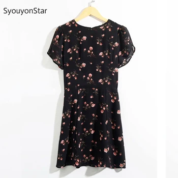

SyouyonStar Summer Black Chiffon Dress Women Floral Print Short Sleeve Mini Dress 2020 Bodycon
