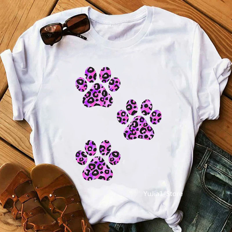 

2021 Hot Sale Funny Tshirt Women'S Clothing Leopard Cat Paw Print T-Shirt Femme Harajuku Shirt Kawaii Clothes Summer Tops Tee