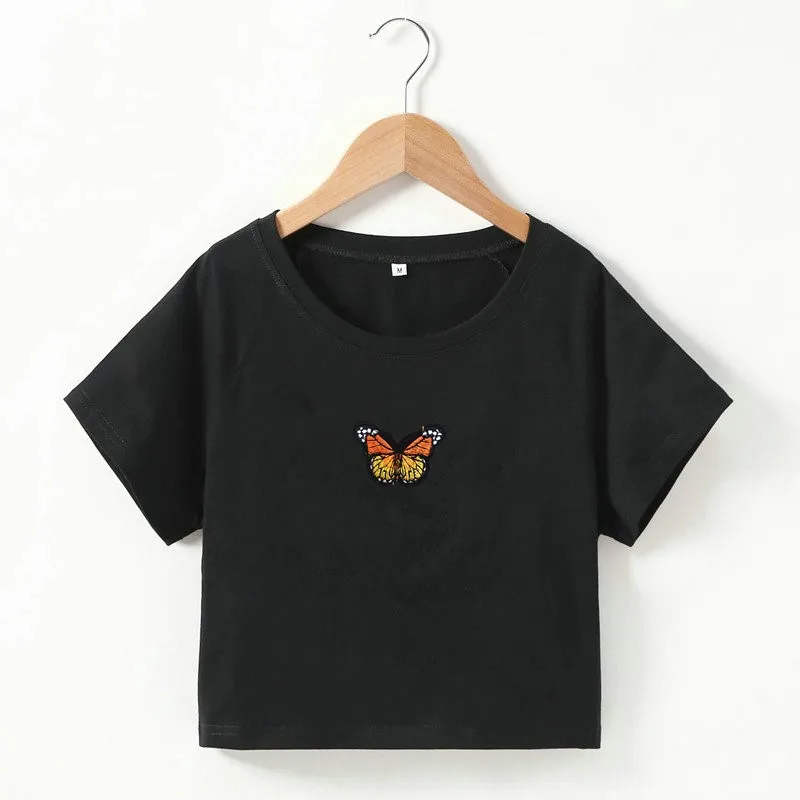 Sexy casual short sleeve tshirt women clothes summer butterfly crop top harajuku korean style aesthetic Embroidery woman tshirts