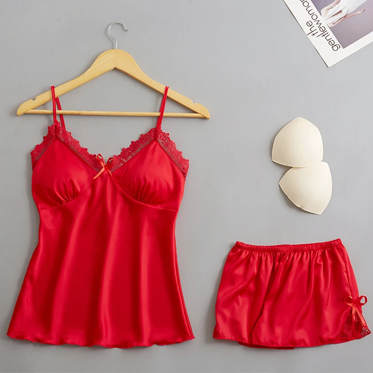 Атласная шелковая пижама, Женская пижама, сексуальное женское белье, летняя Пижама, женская пижама, сексуальное ночное белье с цветочным принтом, Пижама для женщин - Цвет: Red