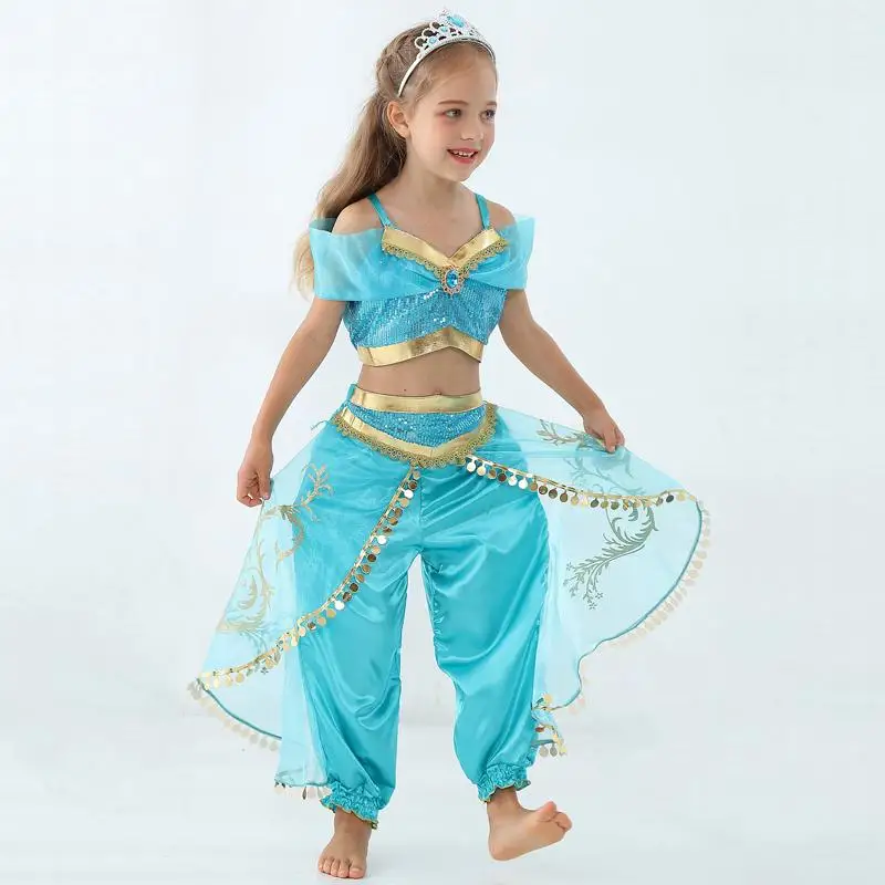 

Girls Kid Summer Jasmine Princess Dance Dress Suit Aladdin Halloween Christmas Performance Costume Top Skirt Pant Two piece Set
