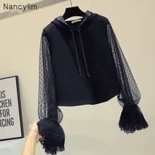 Hooded Sweatshirt Women Spring Autumn Point Embroidery Hollow-out Horn Sleeve Crop Top Hoodie Students Black Hoodies Femme