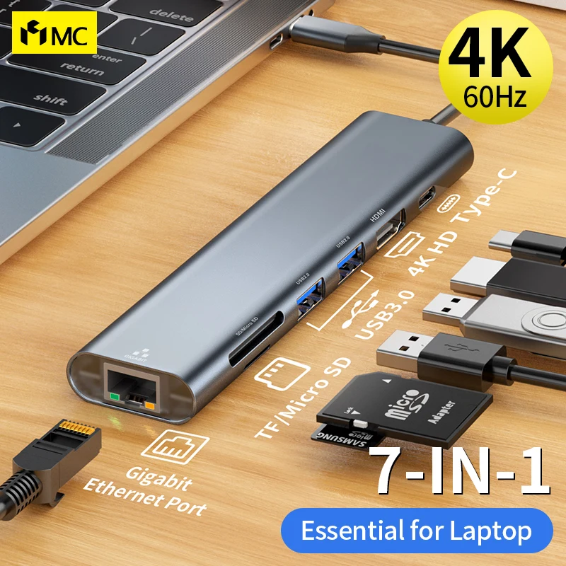 MC 7-в-1 USB 3.0 Док-станция Type-C HUB RJ45 HDMI TF / SD Card Expansion Dock Ноутбук Разветвитель для MacBook Asus