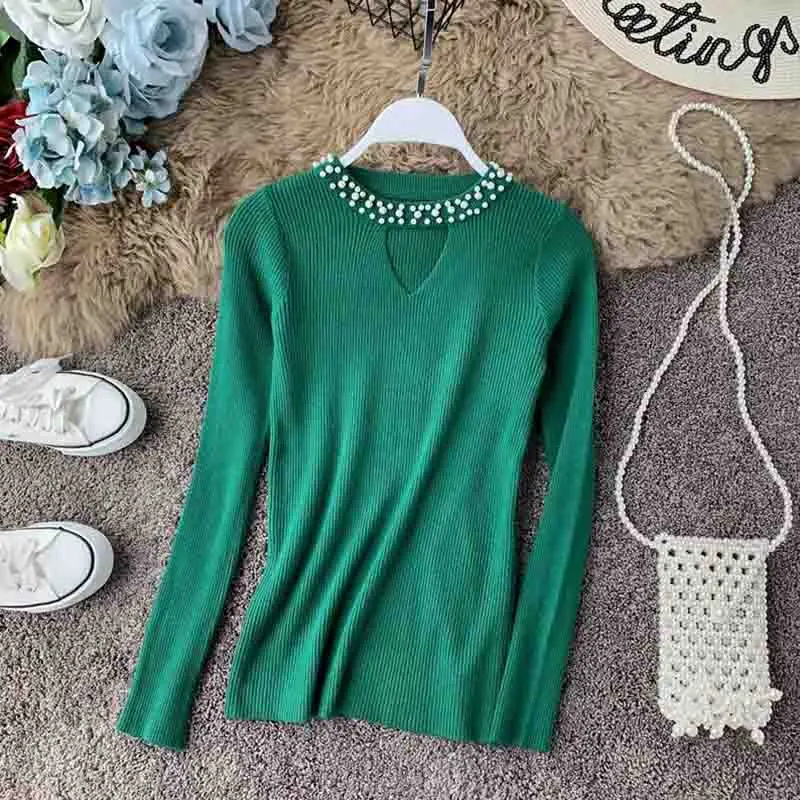 Billige Women Sweater Autumn Winter Long sleeve O neck Beading knitted Sweater LADY Pullover High Elastic Slim Jumper Bottoming Tops
