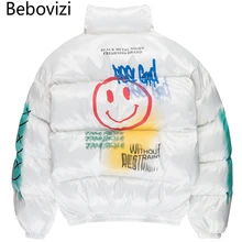 Bebovisi хип-хоп Харадзюку Толстая куртка с принтом смайлика парка Мужская ветровка уличная зимняя стеганая куртка теплая верхняя одежда