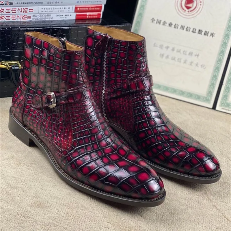 

Authentic Exotic Crocodile Belly Skin Hand Painted Red Wine Color Men Short ZIP Boots Genuine Alligator Leather Male Ankle Shoes