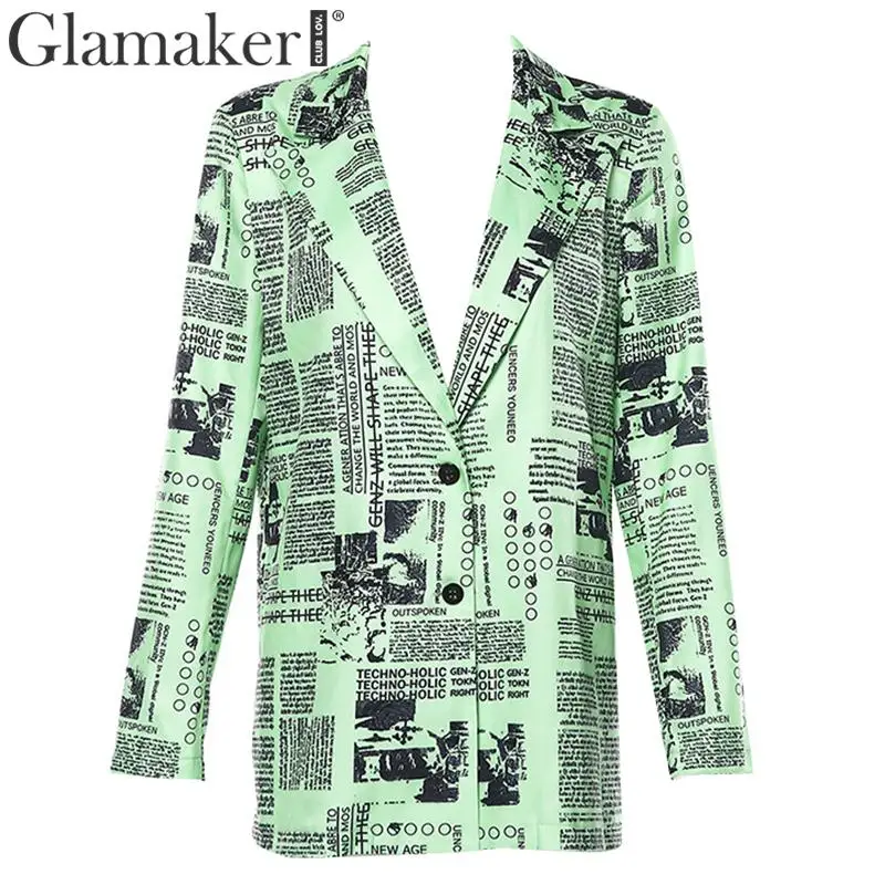 Glamaker газета Письмо печати длинный рукав зеленый Блейзер куртка для женщин осень зима элегантный Блейзер Женский уличная куртка клуба