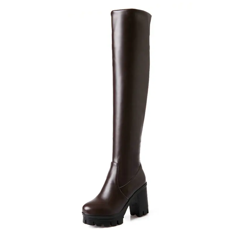 Autumn Winter Women Over the Knee Boots Platform Square High Heel Ladies Thigh Boots PU Leather Round Toe Woman's
