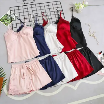 

Women Summer Faux Silk Pajamas Set Crochet Floral Lace Applique Padded Camisole Drawstring Shorts Solid Color Lingerie Nightwear