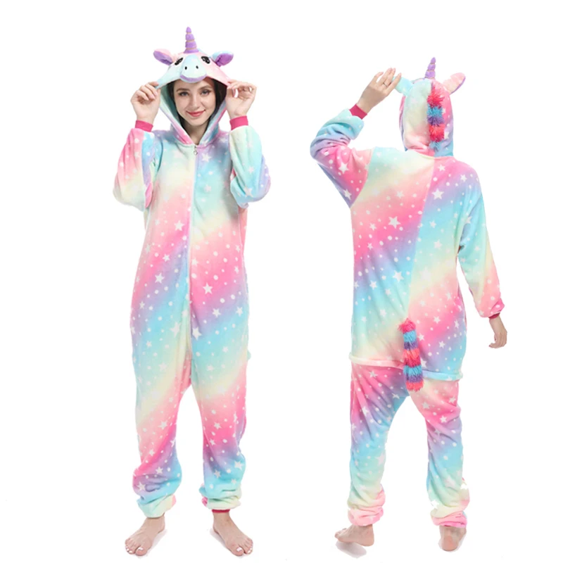 Kigurumi Adult Pajamas Unicorn Winter Women Pajamas Set Animal Panda Stitch Onesie Pyjama Unisex Flannel Sleepwear Jumpsuit - Цвет: Pink star