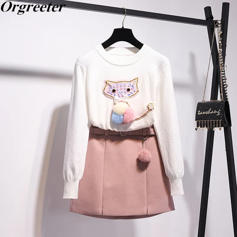 Casual Sweater 2 Piece Sets Women Beaded 3D Hairball Appliques Cute Cat O-neck Knitted Tops and Pendant A-line Woolen Skirt Suit