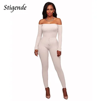 

Stigende Sexy Off Shoulder Ribbed Bodycon Jumpsuit Women Casual Long Sleeve Skinny Jumpsuit Spring Summer Drawstring Jumpsuit