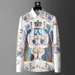 2021 primavera e no outono de luxo impresso camisas dos homens manga longa negócios casual vestido camisa magro social smoking streetwear chemise