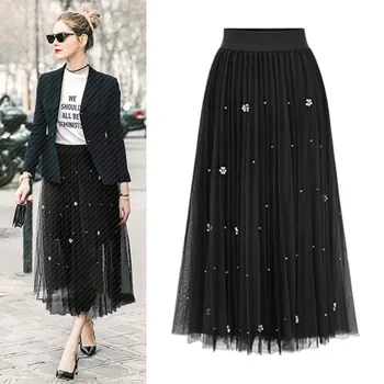 

Women Spring Summer Elastic High Waist Long Mesh Skirt Womens Tutu Maxi Pleated Lady Fashion Skirs Female Falda Mujer Skirs