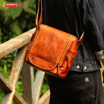 

Genuine Leather Retro Men's Messenger Bag Shoulder Bag Vintage Male Cross-body Camera Bag SLR Bags Vegetable Tanned Leather Soft