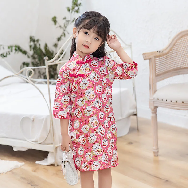 best baby dresses Half Sleeves Qipao For Girls Summer Floral Mini Dress 1-10 Years Teenager Chinese Style Cheongsam Traditional Ethnic Costumes baby girl skirt Dresses