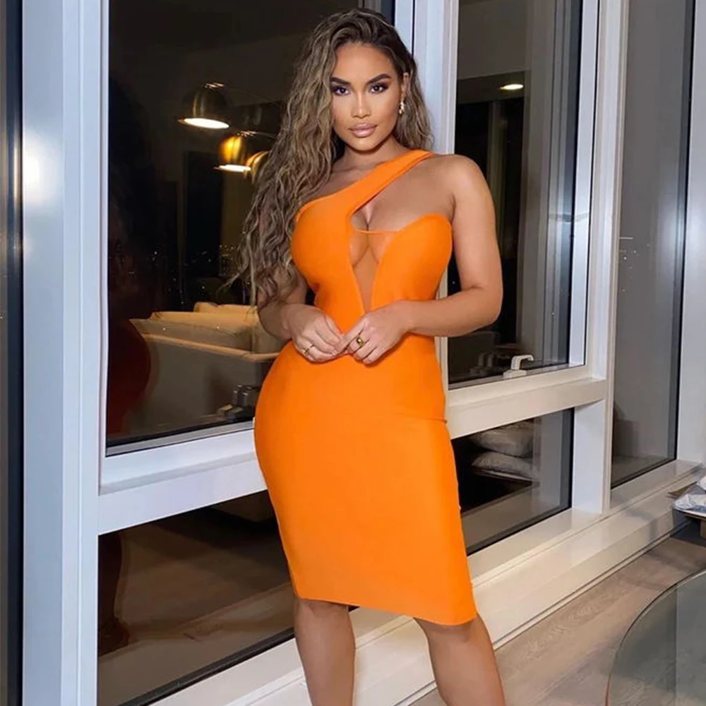 Ocstrade Summer Mesh Insert One Shoulder Bandage Dress 2020 New Arrival Women Orange Bodycon Sexy Club Party | Женская одежда