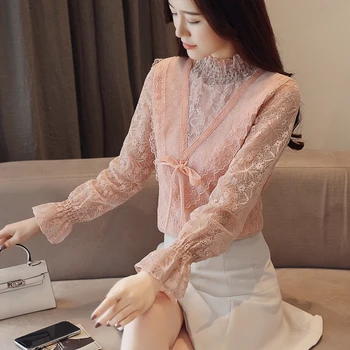 

COIGARSAM 3XL Plus Size Full Sleeve blouse women New Spring Lace blusas womens tops and blouses White Pink 8665