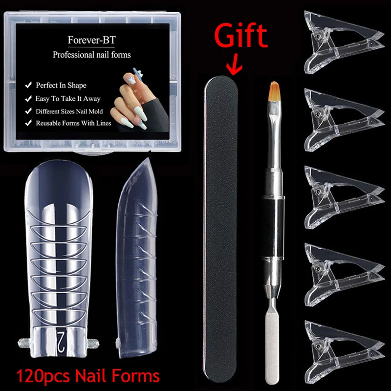 

Dual Nail Forms Set 120Pcs Stiletto Gel Nail Mold Dual System with Dual-Ended Brush and 5Pcs Nail Tips Clip for Acrylic Nails