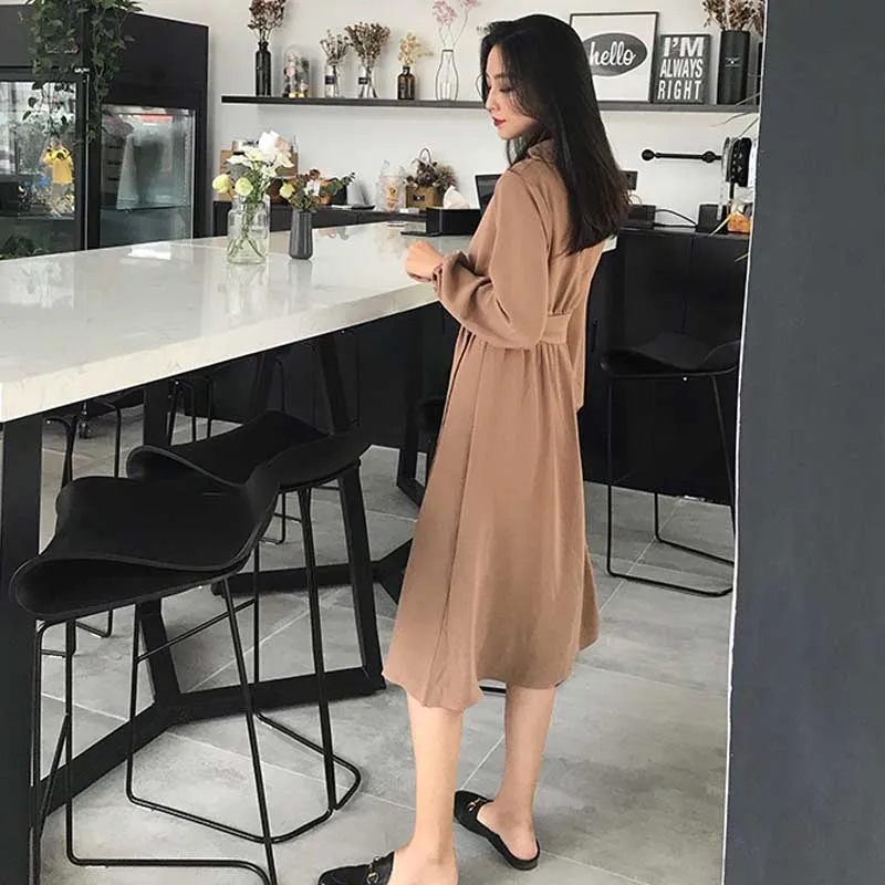One-Piece Long Sleeve For Ladies Dress 2020 Spring Autumn French Vintage Waist V-Neck Dress Women Korean Office Elegant Dresses