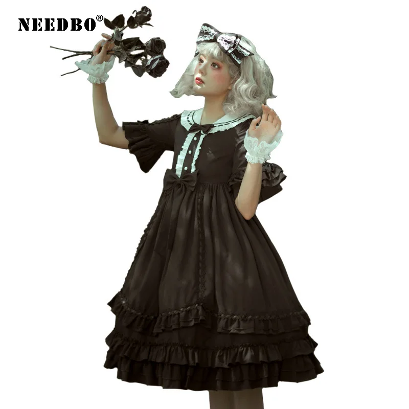 

Short Sleeve High Waist Dark Retro Lolita Dress Black Dress Women Chic Style Bow Princess Tea Party Dresses Harajuku Dress