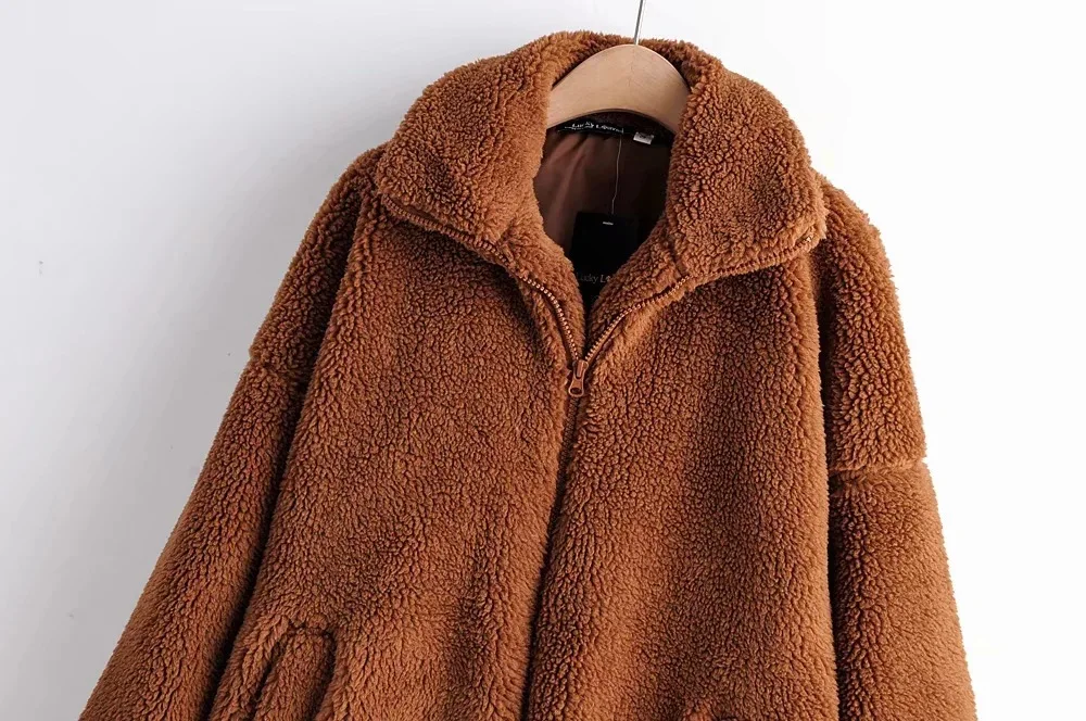 

2019 Autumn And Winter New Style Lambs Wool Coat Women's Western Style Fold-down Collar Loose-Fit Zipper Cotton Coat Keep Warm C