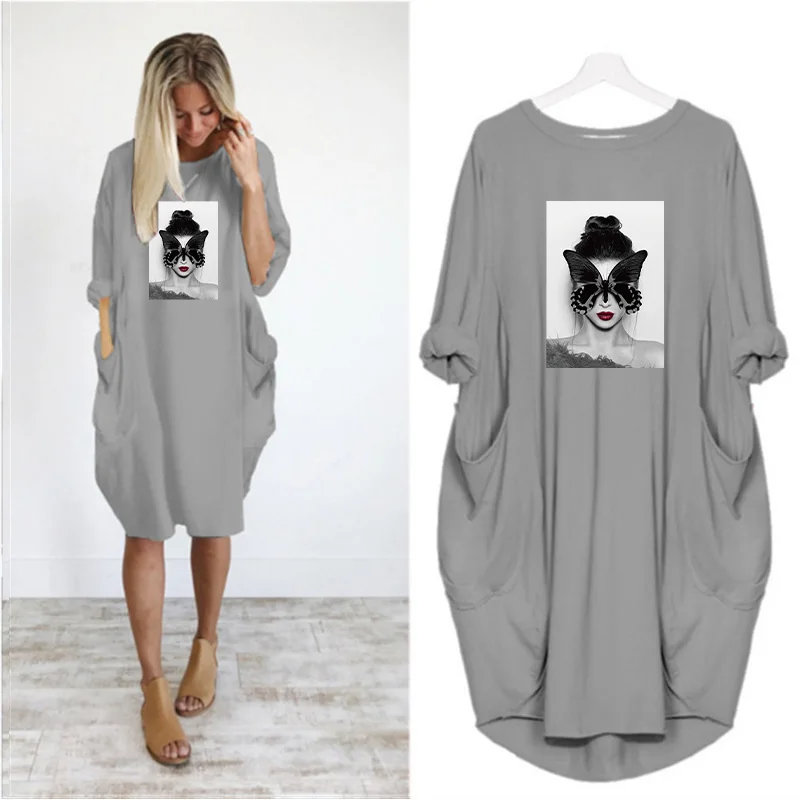 Plus Size Nordic Art Dress Butterfly Girl Cool Women Midi Dresses O-Neck Autumn Thin Long Sleeve Pockets Loose Party Vestidos