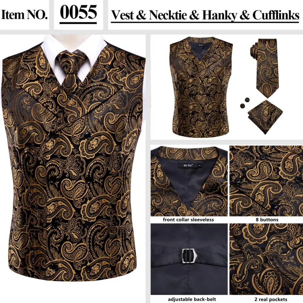 Hi-Tie Silk Mens Suit Vests Pink Paisley 4PC Woven Waistcoat Tie Pocket Square Cufflinks Set Business Wedding Dress Waist Jacket casual blazer for men