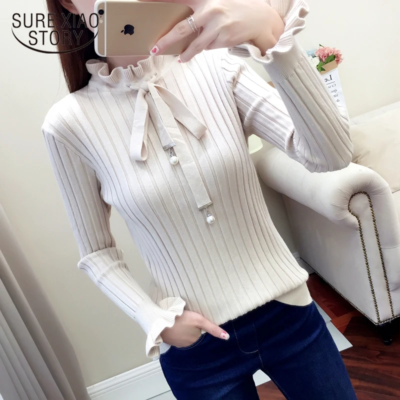 

Casual Spring Slim Sweater Winter Knitted Sweater New Lace Up Flare Long Sleeve Ruffle Knitting Pullover Women Sweaters 6388 90