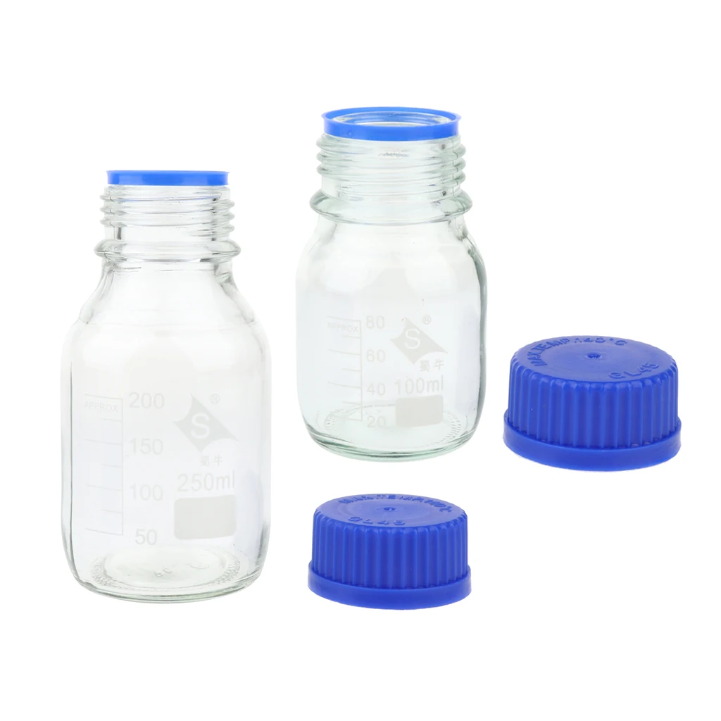 2 Pcs Reagent Storage Bottle Clear High Hardness Glass Graduated Screw Cap 250/100ml