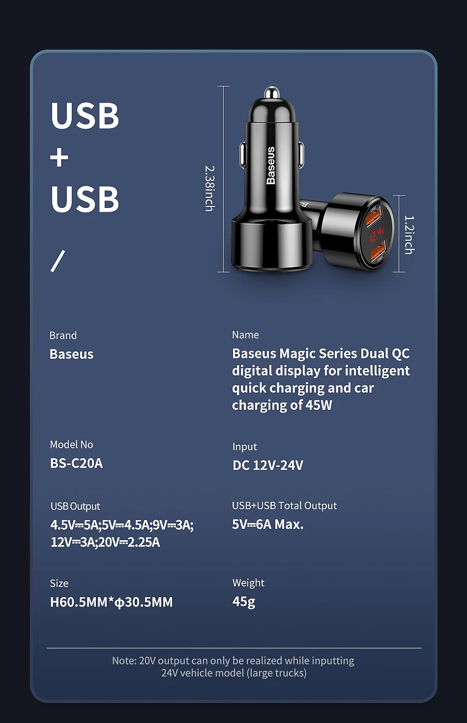 Baseus 45 Вт светодиодный дисплей автомобильное зарядное устройство quick charge 3,0 USB PD зарядное устройство type c Быстрая зарядка для iPhone 8 samsung huawei xiaomi phone