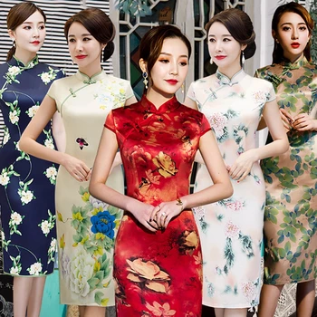 

China Style New explosion models long double-layer imitation silk dress spring and autumn Slim daily improvement retro cheongsam