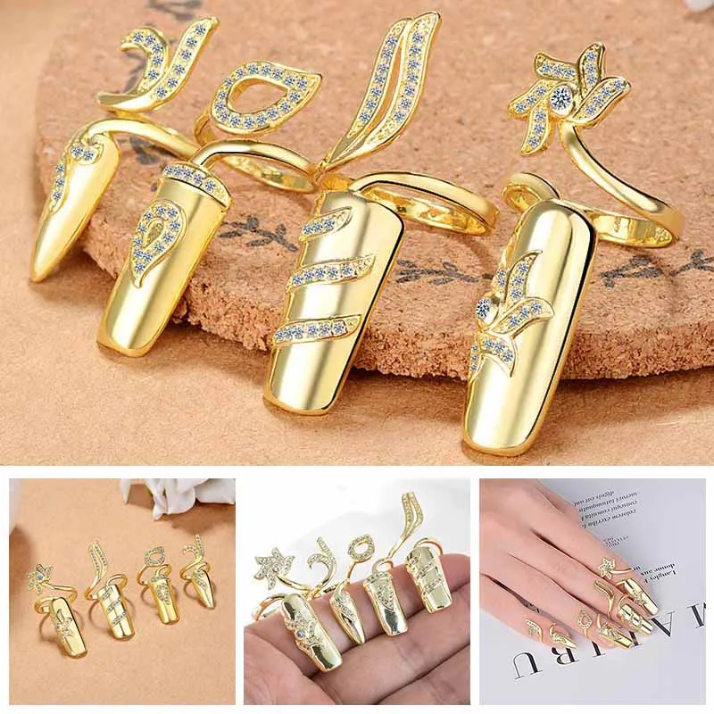 Korean Style Fashion Nail Ring Charm Crystal Flower Women Opening Adjustable Nail Cover Rings Wedding Bridal Jewelry