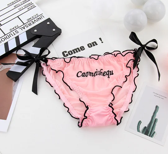 Pink Кружевные трусики с вышивкой в виде букв, сетчатые трусики с широкой лентой, сексуальные женские трусики с бантиками, нижнее белье для молодых девушек, трусы с низкой талией - Цвет: Pink