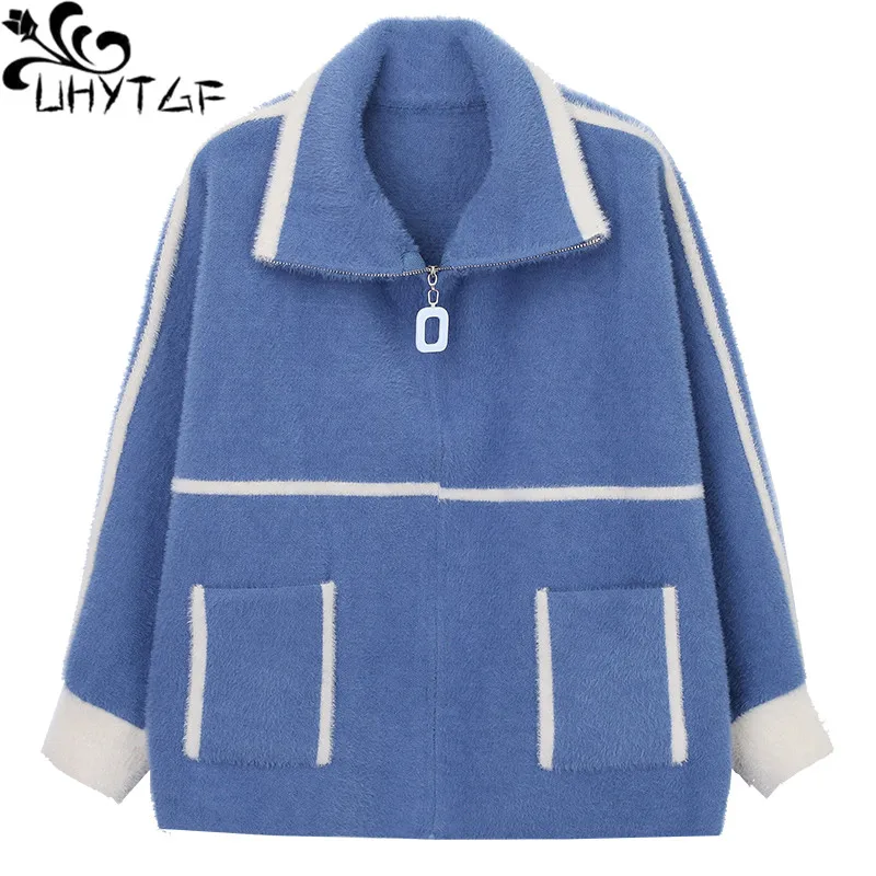 

UHYTGF Knit Cardigan Sweater Women Fashion Mink Fleece Warm Autumn Winter Jacket Female Bat Sleeve Loose Student Short Coat 1102