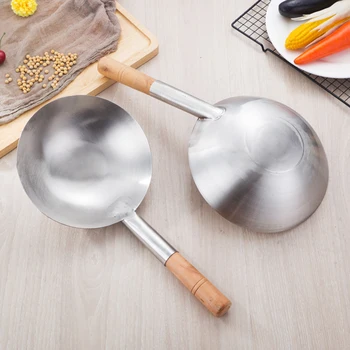 Thick Big Pot Ladle Wooden/Stainless Steel Handle No Coating Non-stick Chef Cooking Wok Large Soup Spoon Wok Kitchen Gadgets