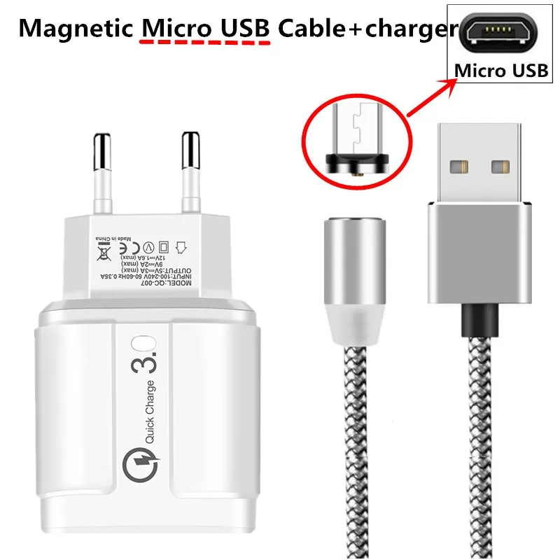18W 3A быстро QC 3,0 Зарядное устройство магнитный usb-кабель для huawei Honor 10i 8A 8C 8X8 S 5X 6X 7X 6A 5C 4A 4X 4C 6C 7C 7A PRO Micro USB - Тип штекера: charger micro cable