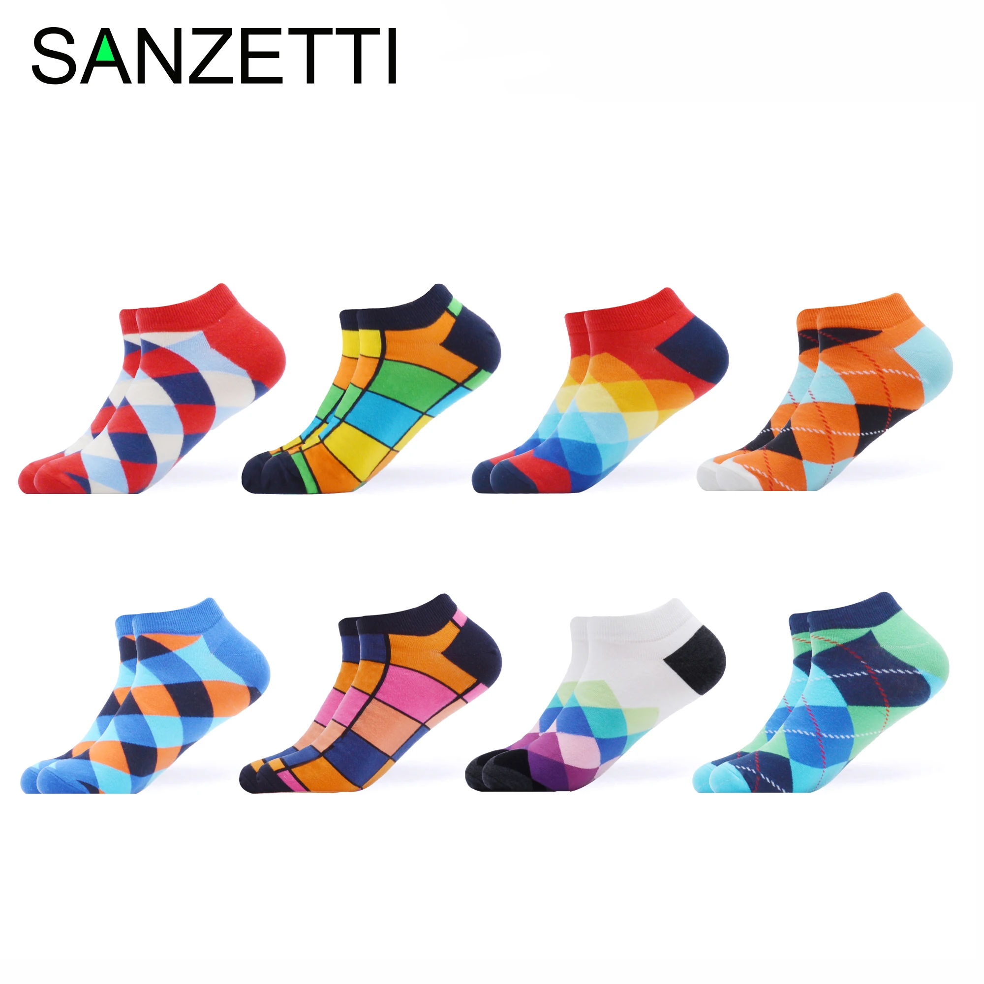 

SANZETTI 8 Pairs/Lot Men's Colorful Summer Socks Casual Novelty Combed Cotton Hip Hop Geometric Lattice Striped Ankle Socks