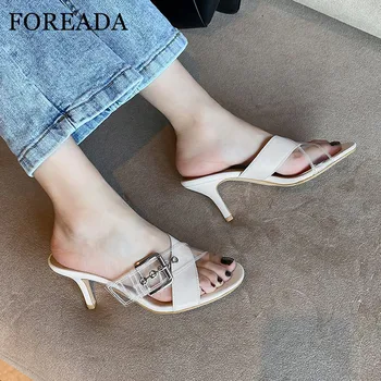 

FOREADA Women Shoes Transparent Slides Real Leather Thin High Heel Shoes Buckle Cross-Tied Sandals Open Toe Slippers Lady Shoes
