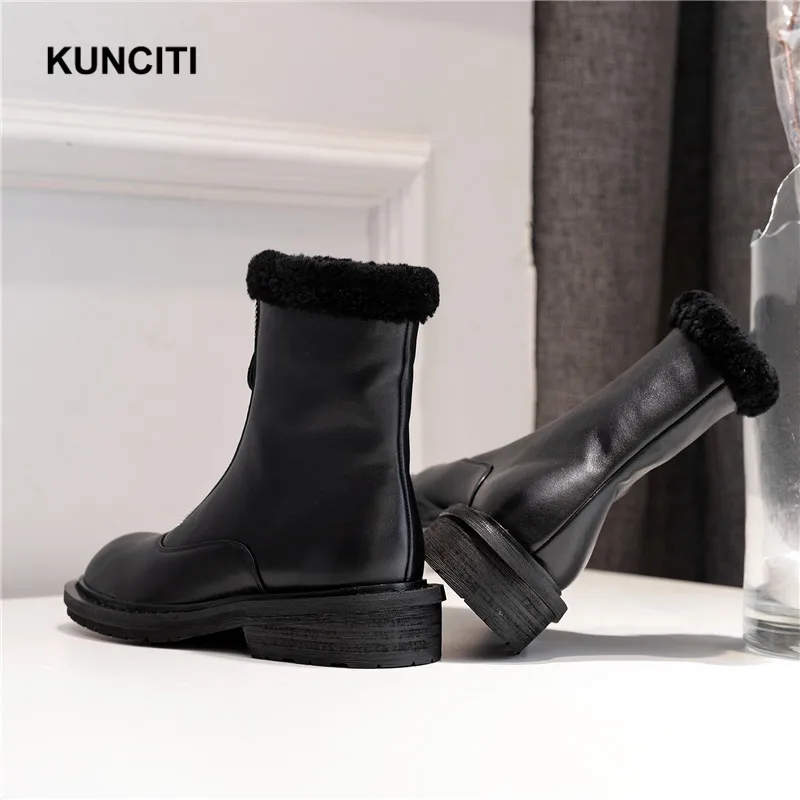 KUNCITI/черные зимние ботинки на молнии спереди; зимние Ботинки martin из натуральной кожи; армейские ботинки на низком каблуке; модные дизайнерские ботинки в европейском стиле; D9308