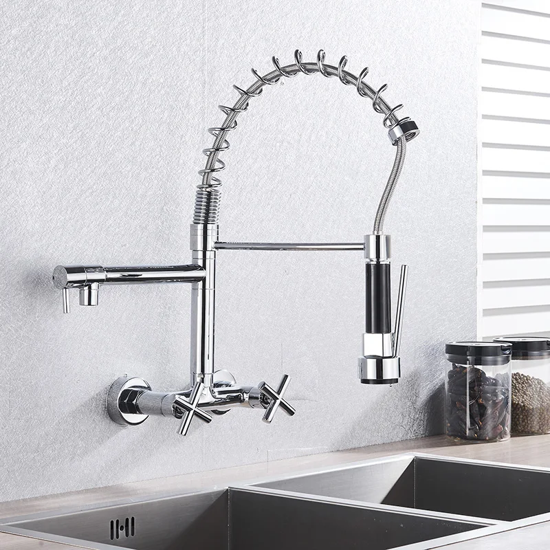 Chrome Faucet Хромированный кухонный кран Onyzpily с выдвижным распылителем с двумя ручками и двумя отверстиями, вращается на 360 градусов, смесители для кухонной раковины, Torneira de co - Цвет: Chrome Faucet
