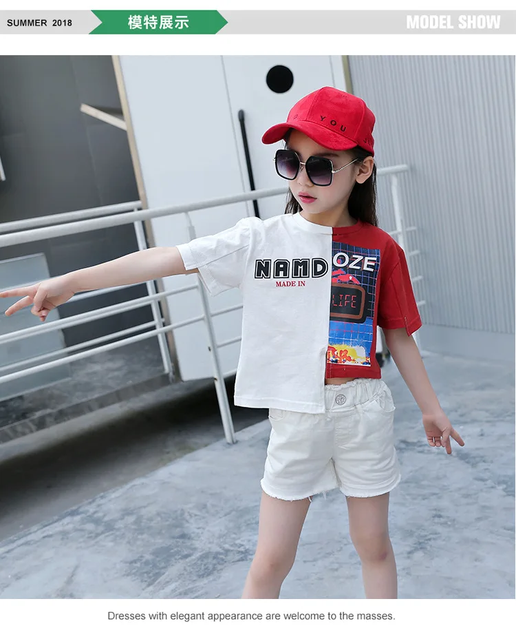 Детская футболка с короткими рукавами для девочек летняя одежда Детские хлопковые топы с неровной строчкой для девочек от 4 до 15 лет, многоразовая одежда