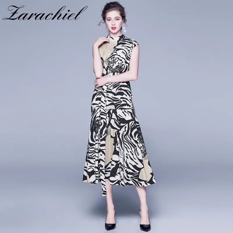 

Summer Runway Designer Tiger Pattern Print Long Dress Women Fashion Stand Collar Sleeveless Vintage Midi Dress With Belt