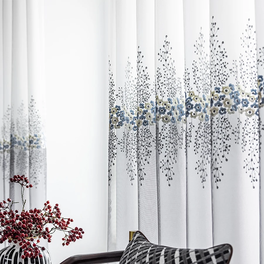 Gray White Gradient Small Flower Embroidery Tulle Curtains for Living Room Coffee Balcony Kitchen Partition Yarn Gauze Drapes #4