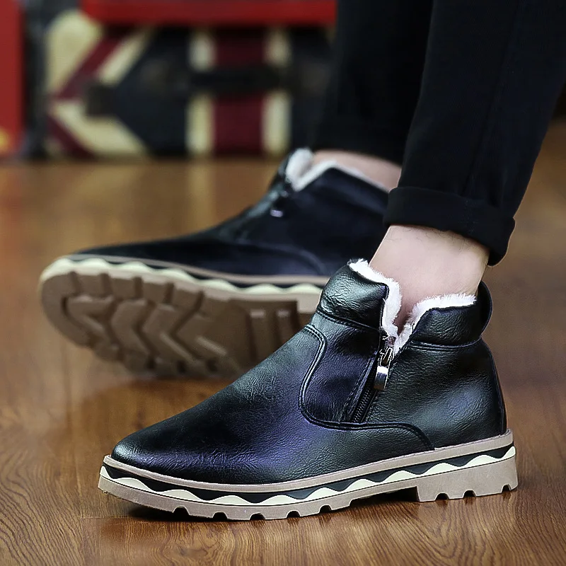 

Martin Hot Snow Boots Boots Casual New Style Boots Korean-style Trend Men's Men plus Cotton Leather Solid Color Side Pull