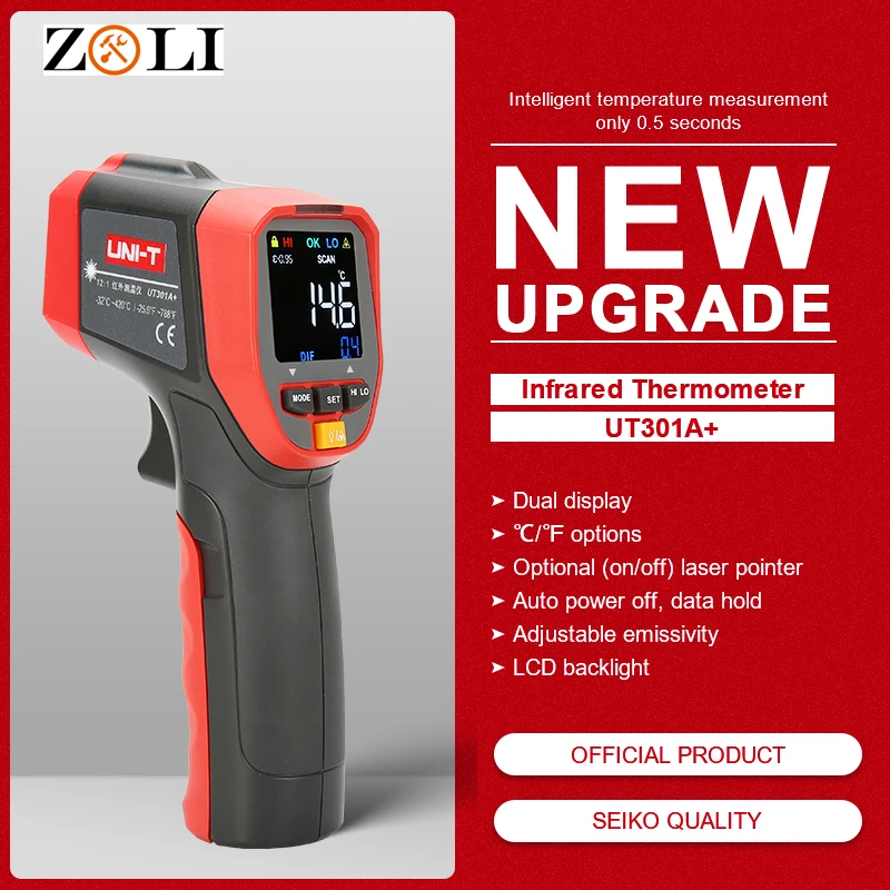 

UNI-T UT301A+ Non-Contact Laser LCD Display IR Infrared Digital C/F Selection Surface Temperature Thermometer Pyrometer Imager