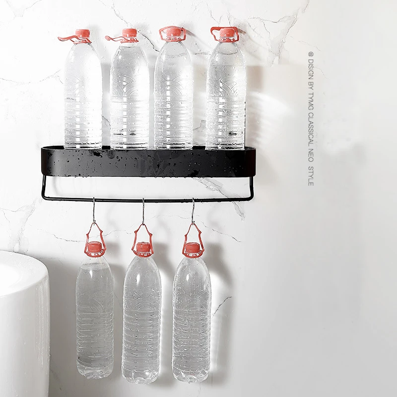 Shower Caddy Black Bathroom Shelf with Bar 304050cm Kitchen Balcony Floating Shelves Basket Bath Storage Rack Towel Bar